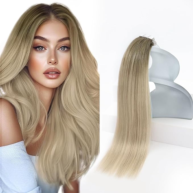 Sunny Hair Tape in Hair Extensions Real Human Hair Invisible Remy Hair Extensions Tape ins for Women Ash Blonde Root to Platinum Blonde Balayage 14 inch 20Pcs 50G