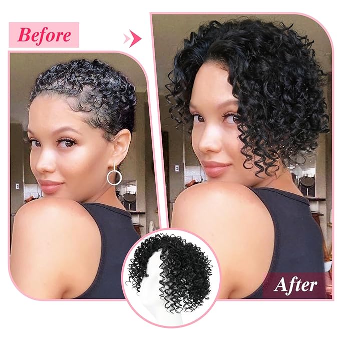 Natural Afro Kinky Curly Short Hair Toppers With Bangs - Black Clip-in Synthetic Wiglets for Men and Women With Thinning Hair - Instant Volume and Style