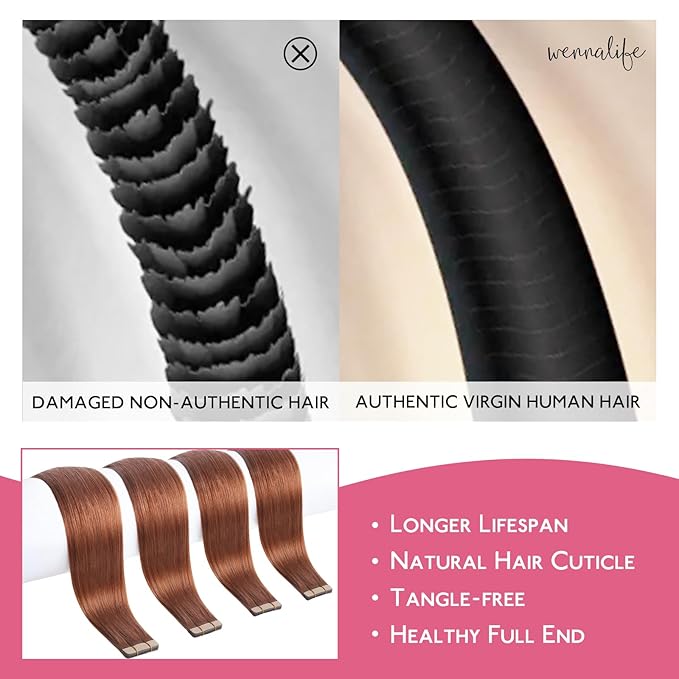 Wennalife Human Hair Dark Auburn Copper Extensions, 10pcs 25g 16 inch Remy Invisible Tape 25g, Straight Colored Soft Real Human Hair Refill Set