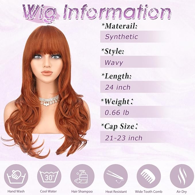 Haloo Auburn Wigs with Bangs Long Wavy Layered Haircut Natural Looking Fluffy Synthetic Heat Resistant Hair Wig for Women Daily Party, 24 Inch