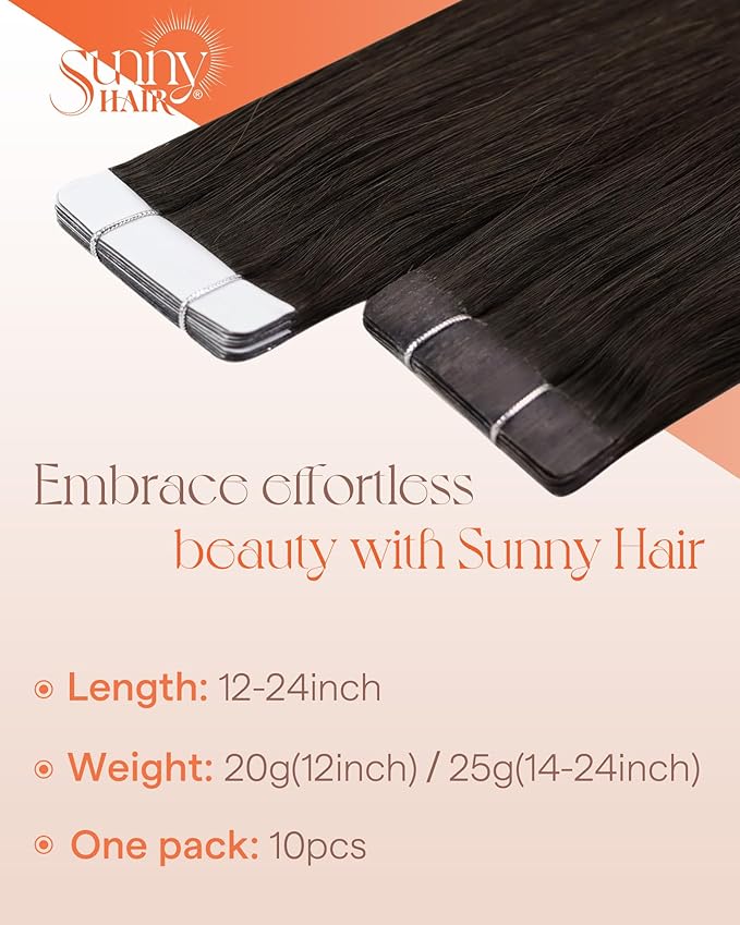 Sunny Hair Tape in Hair Extensions Real Human Hair Invisible Remy Hair Extensions Tape ins for Women Darkest Brown 22 inch 25G