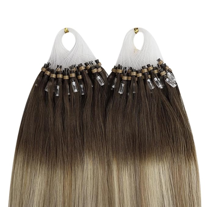 YoungSee Micro Link Hair Extensions Human Hair Balayage Micro Bead Hair Extensions Real Human Hair Brown Ombre Blonde Micro-Ring Hair Extension 14In Bead Hair Extension for Short Hair 50s/50g