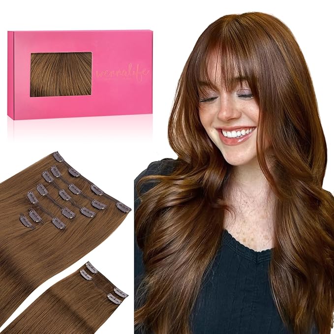 WENNALIFE Clip in Hair Extensions, 150g 14 Inch 9pcs Light Auburn Brown Human Hair Extensions Thicker Clip in Hair Extensions Real Human Hair Clip Set Double Weft