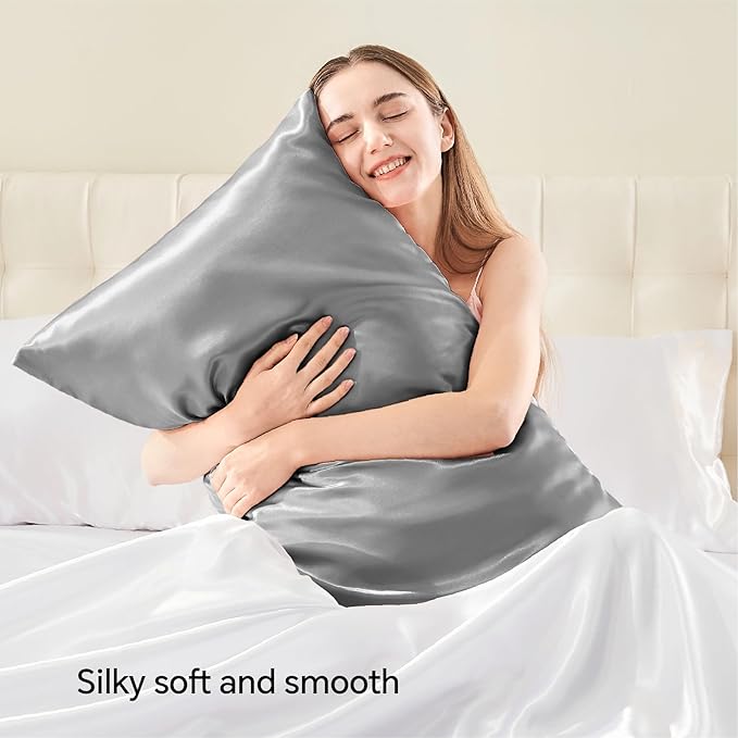 BEDELITE Satin Pillowcase with Zipper, Grey King Size Pillow Cases Set of 2, Super Soft and Cooling Similar to Silk Pillow Cases, Gift for Women Men(20x36 Inches)