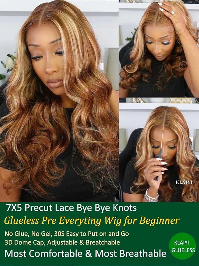 KLAIYI Bye Bye Knots Glueless Wig Highlight Blonde Body Wave Pre Cut 7x5 HD Lace Front Wigs Human Hair Pre Plucked Pre Bleached Pre Everything Wear and Go Wig 12A Ombre Brown 30S Ready To Wear 14Inch
