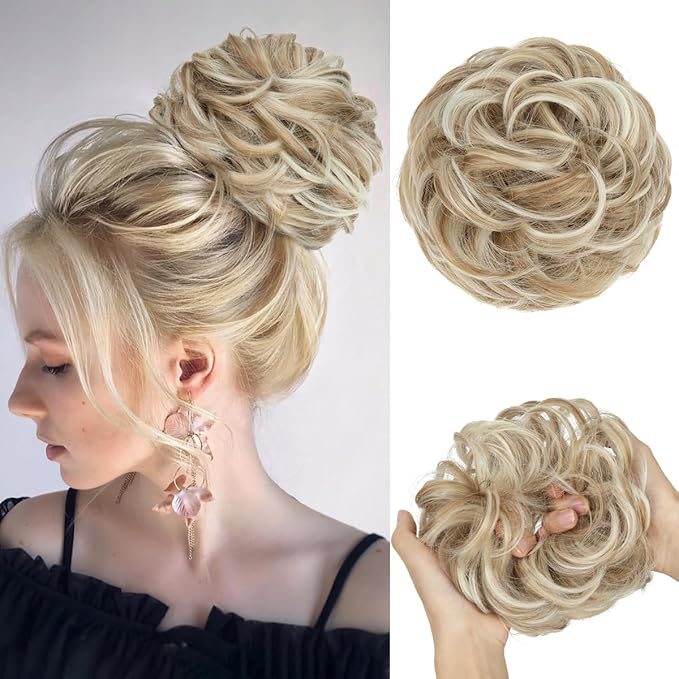 CJL HAIR Large Messy Bun Hair Piece Wavy Curly Scrunchies Synthetic Chignon Ponytail Hair Extensions Thick Updo Hairpieces for Women Sunny Blonde