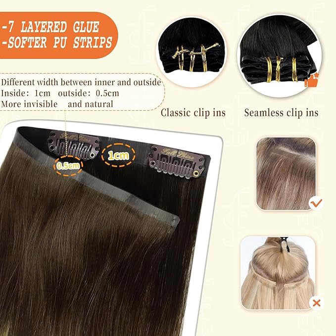 Full Shine Human Hair Clip in Extensions 12 Inch Clip in Hair Extensions Balayage Dark Brown Ombre to Light Brown with Blonde Remy Hair for Style 8 PCS 95 G