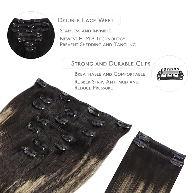 WENNALIFE Clip in Hair Extensions Real Human Hair, 22 Inch 150g 9pcs Balayage Natural Black to Light Blonde Remy Hair Thicker Double Weft Extensiones De Cabello Humano Con Clip Ins Straight Volume