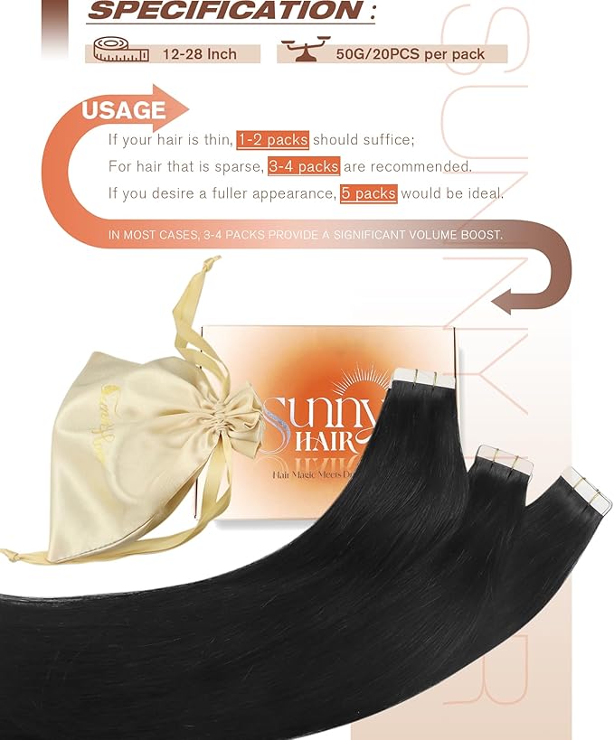 Sunny Hair Extensions Tape in Human Hair Natural Black Tape in Hair Extensions Human Hair 22 inch Remy Tape in Extensions Skin Weft 50g 20Pcs