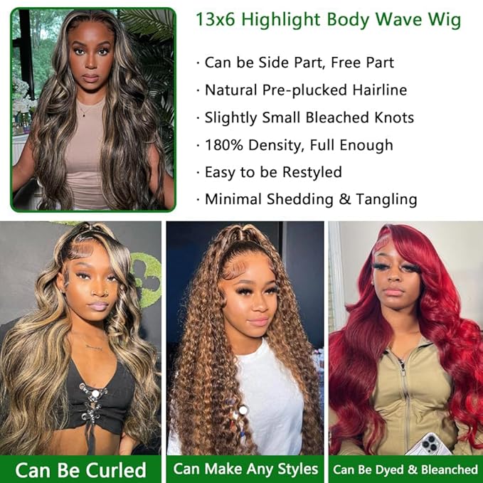 32 Inch Balayage Highlight Lace Front Wig Human Hair FB/27 Body Wave Lace Front Wigs Human Hair 13x6 HD Lace Glueless Wig for Black Women 180% Density Honey Blonde Balayage Wig Human Hair