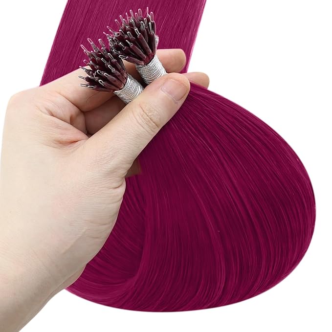 YoungSee Nano Ring Hair Extensions Magenta Nano Hair Extensions Human Hair 24 inch Long Hair Nano-Link Hair Extension Real Hair Burgundy Remy Pre Linded Nanobead Hair-Extensions for Pop 25s 25g