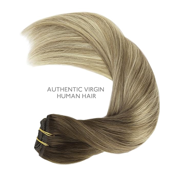 WENNALIFE Clip in Hair Extensions Real Human Hair, 22 Inch 120g 7pcs Ombre Walnut Brown to Ash Brown and Bleach Blonde Clip in Human Hair Remy Clip in Hair Extensions Real Human Hair Double Weft