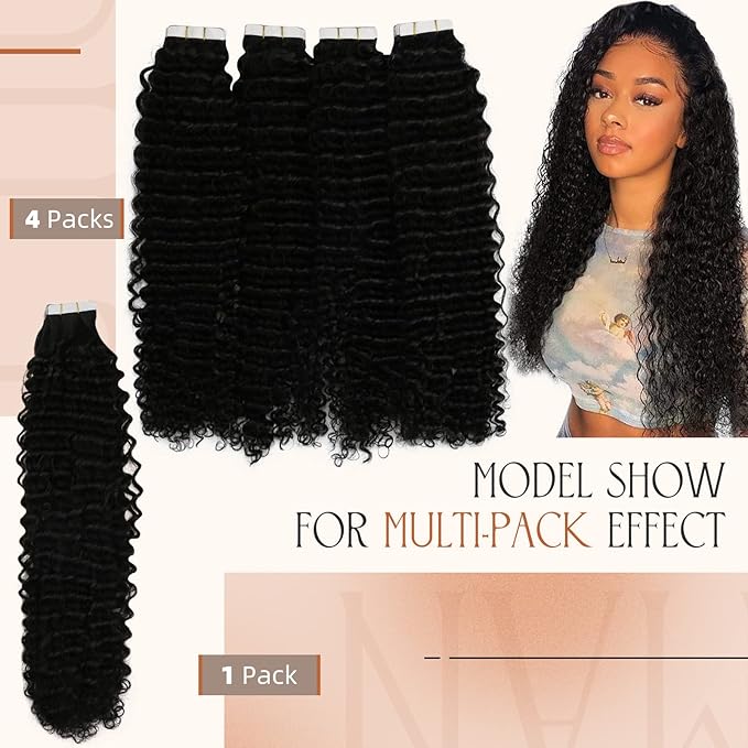 Sunny Hair Curly Tape in Hair Extensions Human Hair Kinky Curly Tape in Extensions for Women Real Hair Natural Black Tape in Human Hair Extensions 16 inch 50g