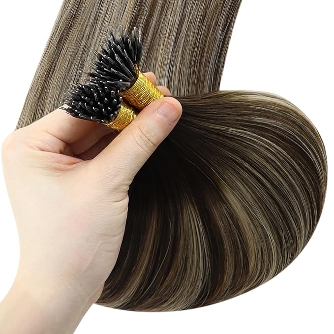 YoungSee Nano Ring Hair Extensions Balayage Brown Nano Bead Hair Extensions Human Hair Balayage Dark Brown with Ash Blonde Nano Human Hair Extension for Women Short Hair 14inch 50s 50g