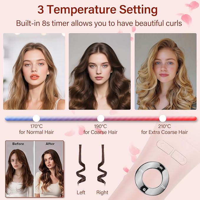 JAMIEWIN 3 in 1 Automatic Curling Iron, Hair Curlers with 3 Curling Barrels (1.1" - 1.26" - 1.57"), Rotating Curling Iron with 3 Temp, 2-Way Rotation, 10S Fast Heating, Anti-Scald, Dual Voltage, Pink