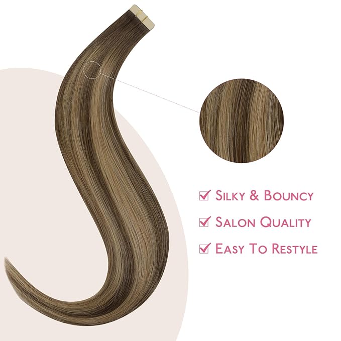 WENNALIFE Tape in Hair Extensions Human Hair Balayage Chocolate Brown to Caramel Blonde Tape in Extensions, 10pcs 30g 24 inch Remy Invisible Tape Ins Straight Soft Real Human Hair Tape in Extensions