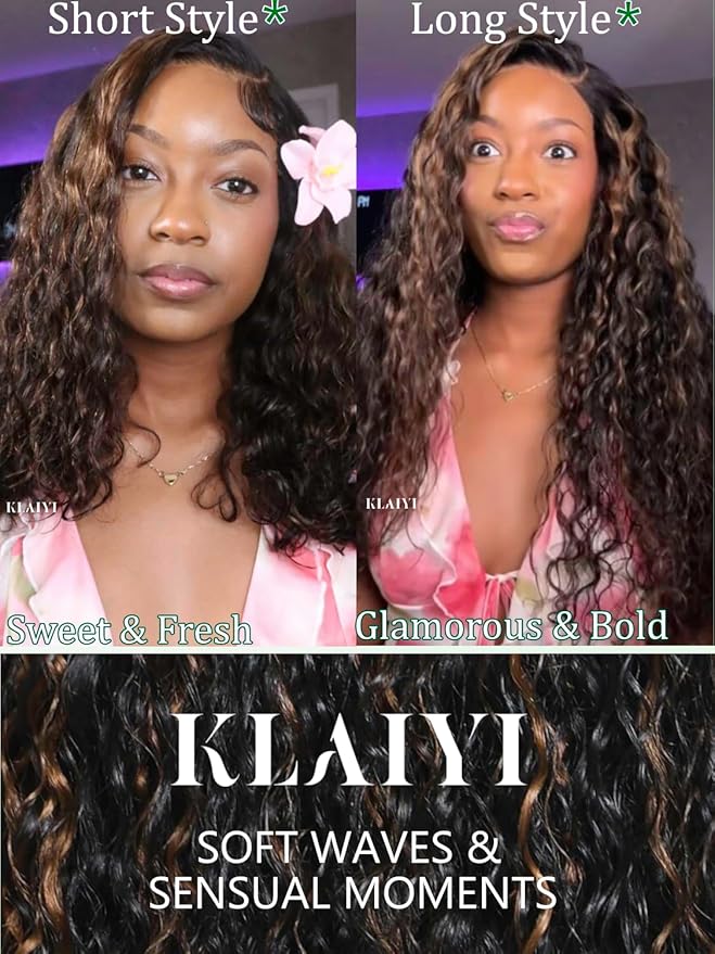 KLAIYI Golden Brown Water Wave Bye Bye Knots Glueless Wig Human Hair Highlight 7x5 Precut Lace Front Pre Plucked Bleached Ombre 3S Ready to Wear Go Beginners Wig with Dark Roots Deep Curly Wave 16Inch
