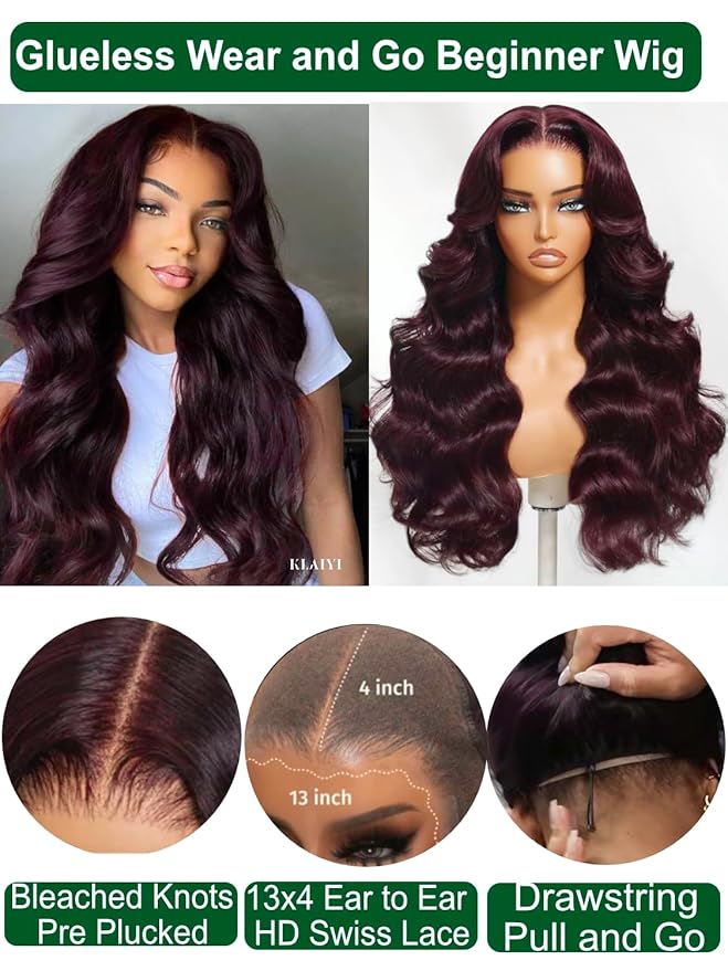 KLAIYI Black Cherry Loose Body Wave Pre Eeverything 13x4 Lace Frontal Wigs Human Hair Bye Bye Knots Glueless Ready to Wear and Go Wig with Face Framing Bangs Drawstring Pre Plucked Burgundy Wig 18Inch