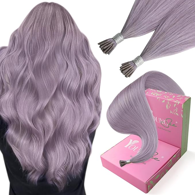 YoungSee I Tip Extensions Light Purple 14 Inch Itip Human Hair Extensions Colorful Human Hair Extensions I Tips Purple I-Tip Remy Hair for Party 25g 40s