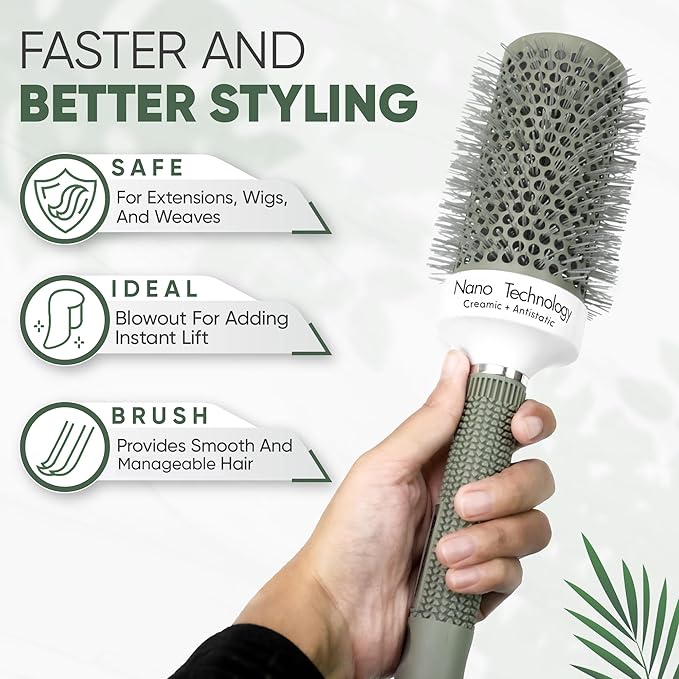 Round Brush Set, 45&53mm Barrel with 4 Clips – Round Brush for Blow out with Flexible Nylon 66 Bristles Nano Ionic Heat Resistant Tech for Professional Curling, Styling & Shining Texture