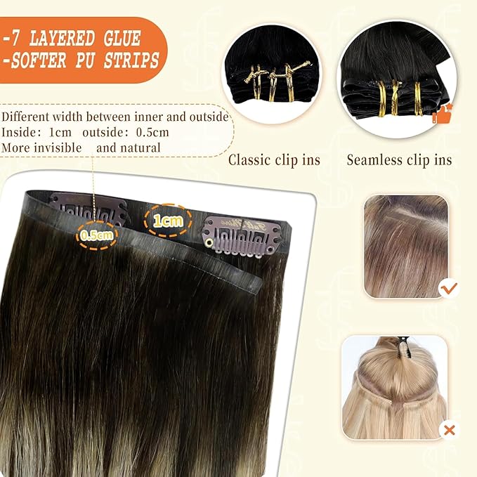 Full Shine Hair Extensions Clip in 22 Inch Seamless Hair Extensions Clip in Balayage Dark Brown Mix Platinum Blonde Remy Hair Extension Add Volume for Women 8 PCS 120 G