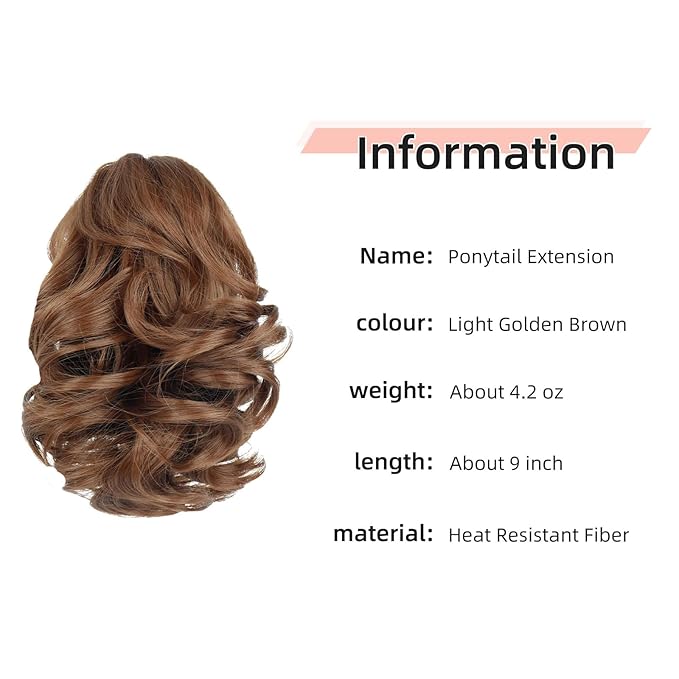 Ponytail Extension, Clip on Ponytails for Women, 9" Claw Clip in Short Curly Wavy Pony Hair Extension for Women - Light Golden Brown