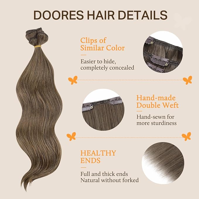 DOORES Human Hair Extensions Clip in, Light Ash Brown 150g 9pcs 16 Inch, Clip ins Remy Hair Extensions Real Human Hair Clip in Hair Extensions Human Hair Natural Straight Thick Hair