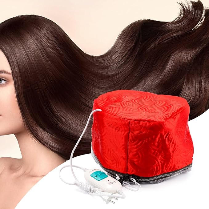 Electric Hair Steamer Cap with 2 Mode Temperature Control, Removable Washable Thermal Hair Cap for Hair Spa at Home (Red)