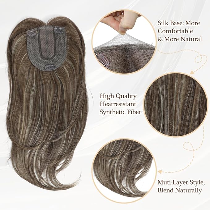 UDU Hair Toppers for Women with Thinning Hair - Synthetic Fiber Highlights, Ash Brown, Multi-layer Long Straight & Wavy Clip in Wiglets with Fringe Bangs