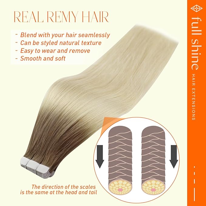 Full Shine Tape in Extensions Human Hair Color Ash Brown Ombre Blonde Tape in Hair Extensions 16 Inch 20 Pcs 50G Invisible Balayage Soft Remy Hair for Women Seamless Skin Weft