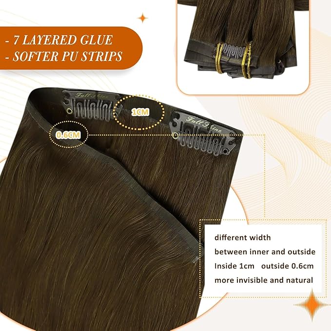 Full Shine Human Hair Clip in Extensions Brown Seamless Hair Extensions Clip in Medium Brown with PU Weft Real Human Hair Clip ins for Women 16 Inch 120 G 8 PCS