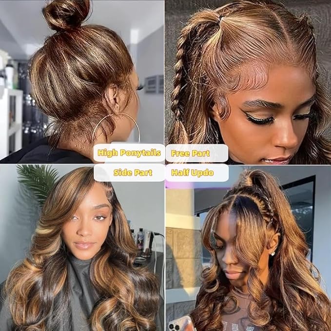 AMIRTY 250 Density Highlight Ombre Lace Front Wig Human Hair Honey Blonde Body Wave 13x6 HD Lace Front Wigs Human Hair Pre Plucked Brown 4/27 Colored Lace Frontal Glueless Wigs for Women 18 Inch