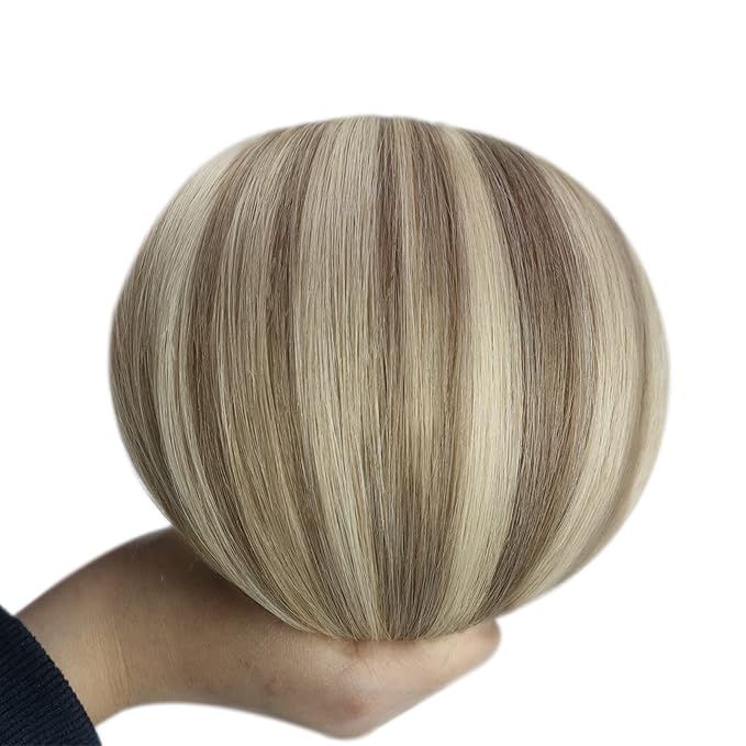 YoungSee Hair Extensions Clip ins Light Brown Clip in Extensions Highlight Clip on Hair Extensions Human Hair Light Brown with Blonde Highlights for Beginners 16Inch 7Pcs 120G