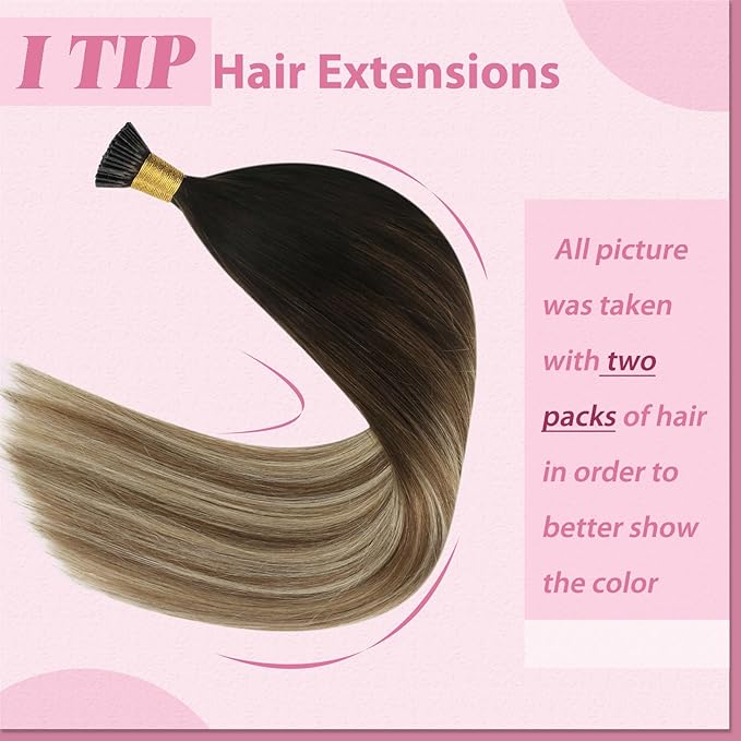 YoungSee Itip Hair Extensions Brown Balayage 24 Inch Keratin Itip Human Hair Extensions Ombre Dark Brown to Medium Brown with Blonde Itip Extensions Long Straight Hair 50g 50s