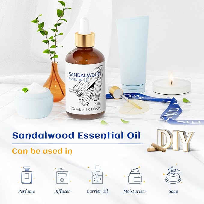 HIQILI Sandalwood Essential Oils 1 Fl Oz, 100% Pure Natural Therapeutic Grade for Skin, Diffuser, Perfume, Candle Soap Making, Includes Premium Quality Glass Dropper