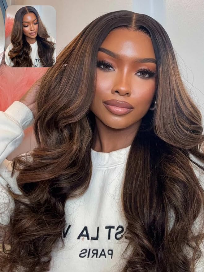 YIROO Bye Bye Knots 7x5 HD Lace Glueless Wig Human Hair Highlight Ombre Brown Body Wave Wig with Elastic Drawstring, Pre Cut Pre Plucked Pre Bleached Invisible Knots Put On and Go 150% Density 18Inch