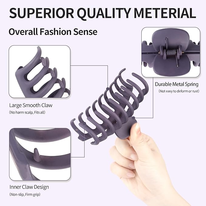 4.3 Inch Large Hair Claw Clips for Thin Thick Curly Hair Big Matte Hairclips Banana Strong Hold Jaw Clip Fashion Hair Accessories for Women and Girls (Nonslip, 8PCS)