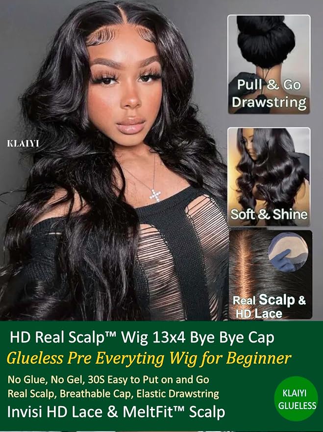 KLAIYI HD Real Scalp Wig 13x4 Lace Frontal Human Hair Wig Loose Body Wave with Face Framing Curtain Bangs Pre Everything Glueless 3S Wear and Go Precut Lace Pre Plucked Pre Bleached 180%Density 24Inch