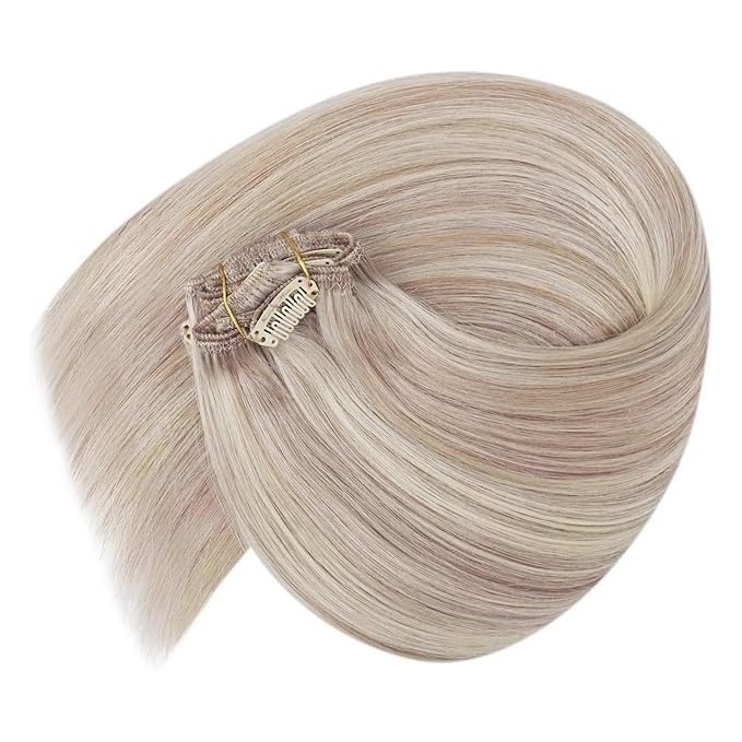 Ve Sunny Clip in Hair Extensions Real Human Hair Ash Blonde Highlight Bleach Blonde Hair for Women Hair Extensions Clip ins Long Double Weft 120g 24inch 7pcs