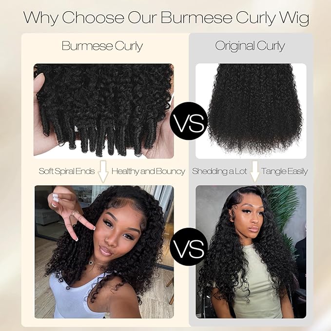 Burmese Curly Human Hair Wig with Spiral End 200% Density 360 Full HD Lace Front Wigs Human Hair Water Wave Wigs for Women 26Inch Pre Plucked with Baby Hair Tiny Knots Natural Black