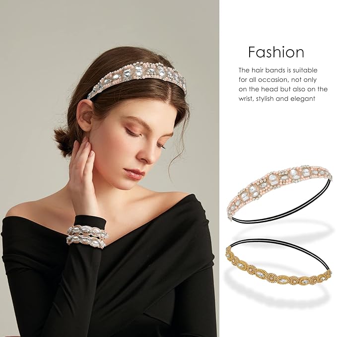 AMCAMI 5 Pcs Beaded Headband, Crystal Sparkly Hairbands for Women, Elastic Headbands with Pearls & Rhinestones, Hair Accessories for Women & Girls