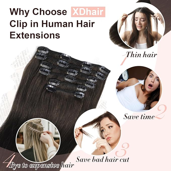 XDhair Clip in Hair Extensions Real Human Hair 16 Inch 100g Natural Straight Human Hair Clip in Extensions for Woman Double Weft #1B