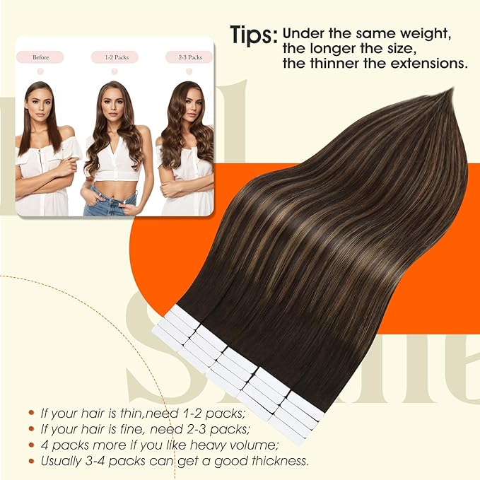 Full Shine Balayage Tape in Hair Extensions Color 2 Dark Brown Ombre 8 Ash Brown And 2 Brown 18Inch Tape in Extensions Human Hair 100G 40Pcs Long Straight Extension for Wedding