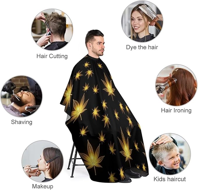 Women Cool Gold Golden Weedleaf Leaves Black Haircut Barber Cape Cover, Extra Large Hairdressing Apron for Home Stylists, Easy Clean