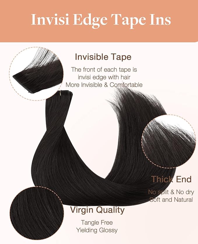 GOO GOO Invisi Edge Tape in Hair Extensions Human Hair, 1B Natural black, 6pcs 12inch 15g, Virgin Remy Hair, Seamless Injected Tape, Natural Look