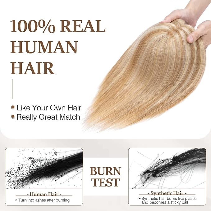 Rich Choices Hair Toppers for Women Real Human Hair 100% Human Remy Toppers NO Bangs with Thinning on Top Clip in Hairpiece 4"x4.7"Lace Base 12 Inch #12P613 Golden Brown Highlights Bleach Blonde