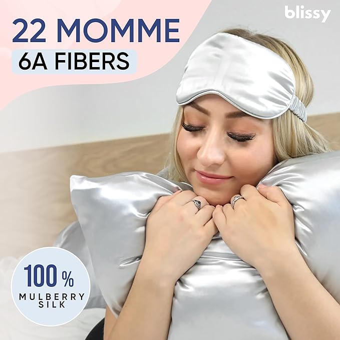Blissy Silk Pillowcase - 100% Pure Mulberry Silk - 22 Momme 6A High-Grade Fibers - Silk Pillow Cover for Hair & Skin - Regular, Queen & King (Silver, Queen)