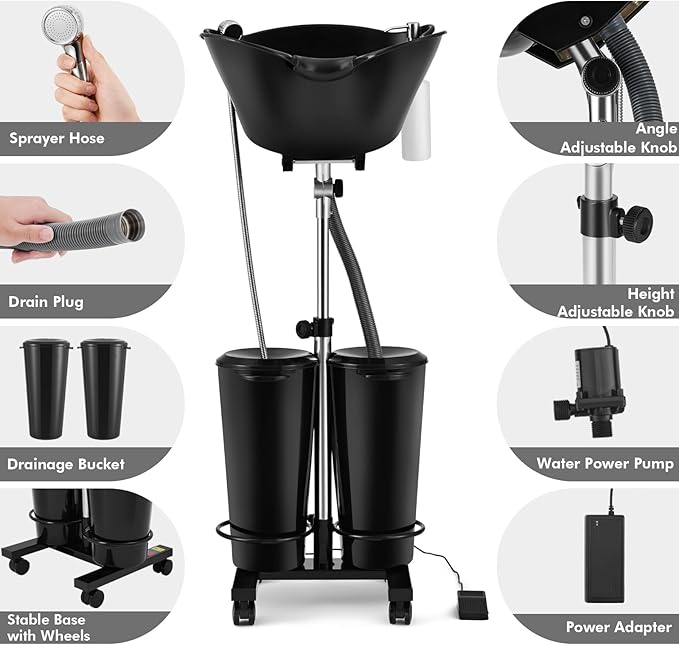 Artist hand Portable Adjustable Shampoo Bowl with Electric Pump, Hair Washing Station,Includes 2 Buckets, Drain Hoses,High-Pressure Sprayer, Foot Pedal Switch,Black