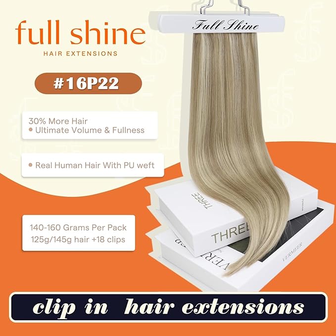 Full Shine Clip in Hair Extensions 18 inch 140g 8Pcs Golden Blonde Mix Light Blonde Natural Seamless Hair Extension for Women Add Volume