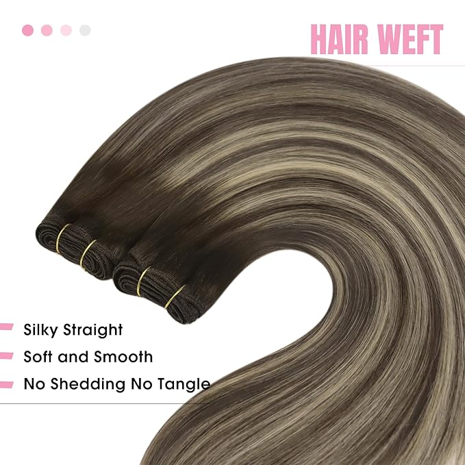 YoungSee Sew in Hair Extensions Real Human Hair Balayage Weft Hair Extensions Human Hair Chocolate Brown with Ash Blonde Balayage Sew in Extensions Long Straight Hair 24Inch 100G